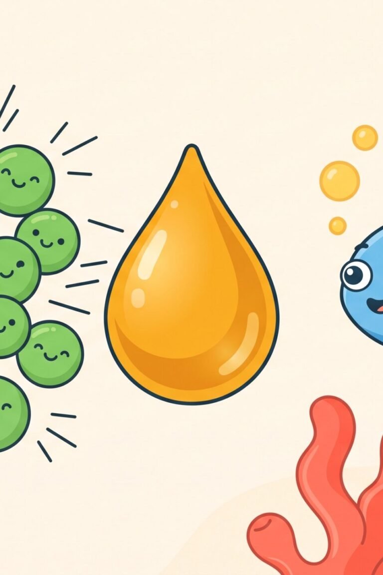Algenöl Wirkung – Illustration von grünen Mikroalgen, aus denen ein goldener Öltropfen entsteht, daneben ein Fisch