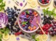 Anthocyane: Heidelbeeren, Himbeeren, schwarze Johannisbeeren, Aronia und Rotkohl in einer bunten Draufsicht auf sonnigem Untergrund