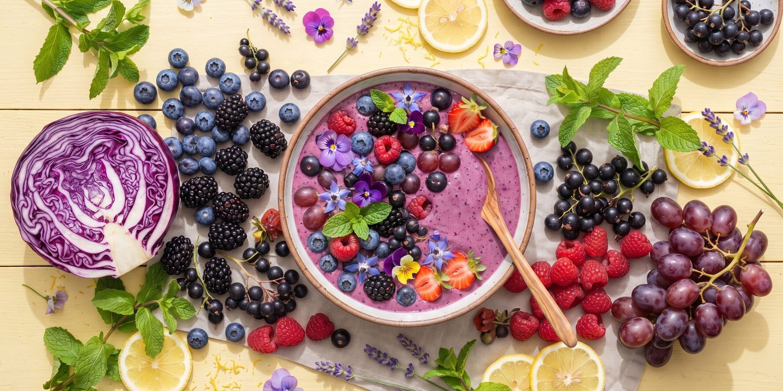 anthocyane-wirkung-hero.webp Anthocyane: Heidelbeeren, Himbeeren, schwarze Johannisbeeren, Aronia und Rotkohl in einer bunten Draufsicht auf sonnigem Untergrund