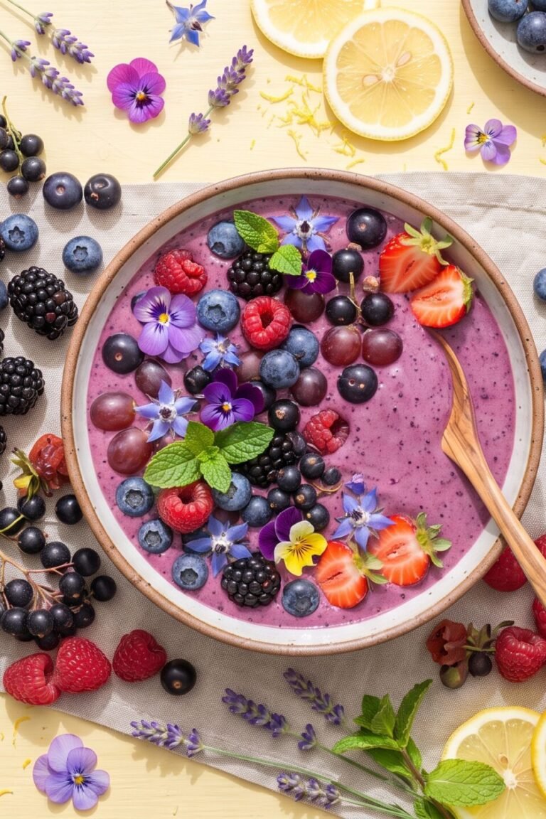 Anthocyane: Heidelbeeren, Himbeeren, schwarze Johannisbeeren, Aronia und Rotkohl in einer bunten Draufsicht auf sonnigem Untergrund