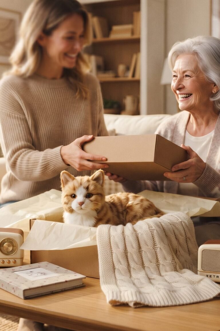 Illustration mit Geschenken für Demenzkranke: Fotoalbum, Musikspieler, Decke und Plüschkatze