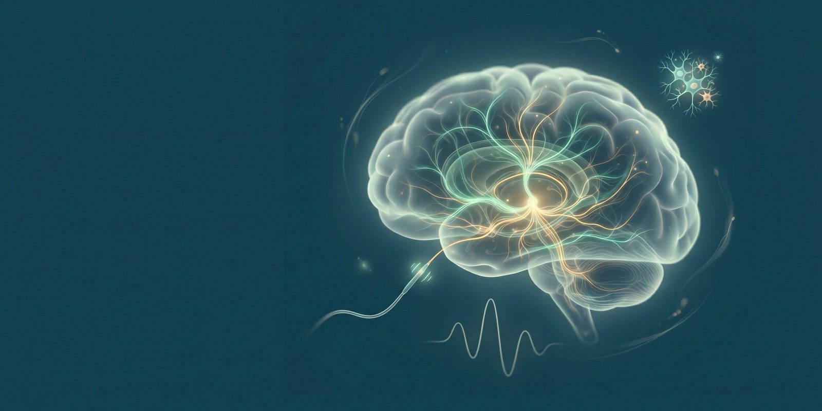 parkinson-neue-therapien-2026-studien-ueberblick.jpg Parkinson neue Therapien: stilisiertes Gehirn mit Nervenbahnen, Zellen und Elektrode als Symbol der Forschung