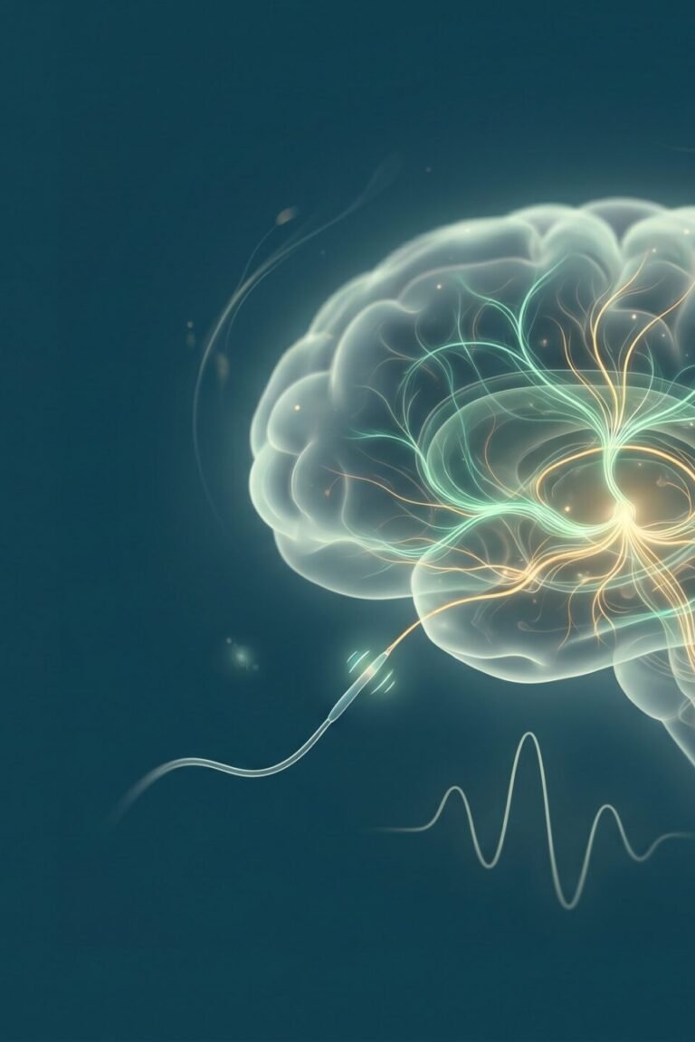 Parkinson neue Therapien: stilisiertes Gehirn mit Nervenbahnen, Zellen und Elektrode als Symbol der Forschung