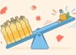 Omega-6/Omega-3-Verhältnis – Illustration einer Wippe mit vielen Öl-Flaschen auf der einen und einer kleinen Omega-3-Flasche auf der anderen Seite