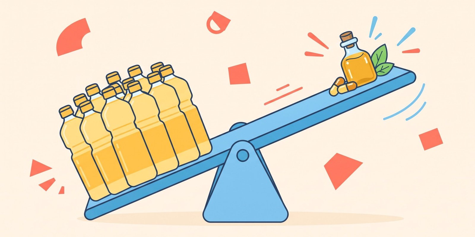 omega-6-omega-3-verhaeltnis-oele.webp Omega-6/Omega-3-Verhältnis – Illustration einer Wippe mit vielen Öl-Flaschen auf der einen und einer kleinen Omega-3-Flasche auf der anderen Seite