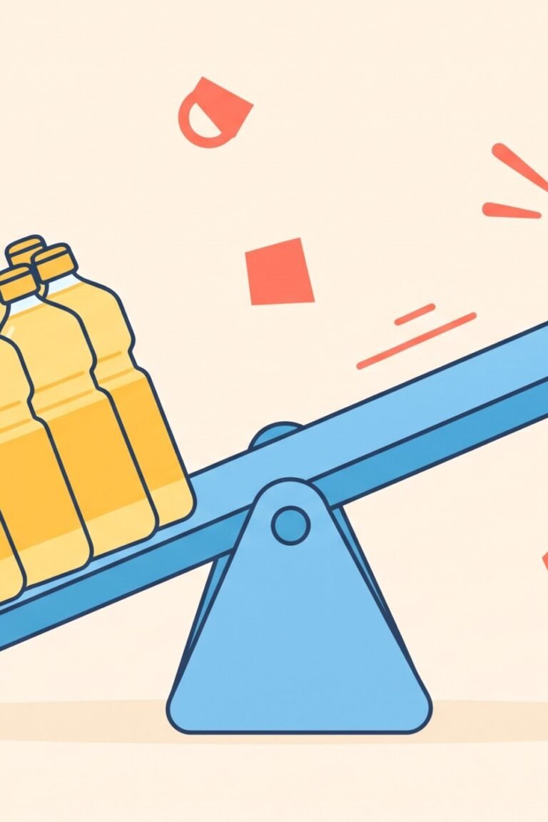Omega-6/Omega-3-Verhältnis – Illustration einer Wippe mit vielen Öl-Flaschen auf der einen und einer kleinen Omega-3-Flasche auf der anderen Seite