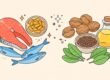 Omega-3-Lebensmittel – Illustration von Lachs, Walnüssen, Leinsamen und Algenöl-Kapseln als Omega-3-Quellen