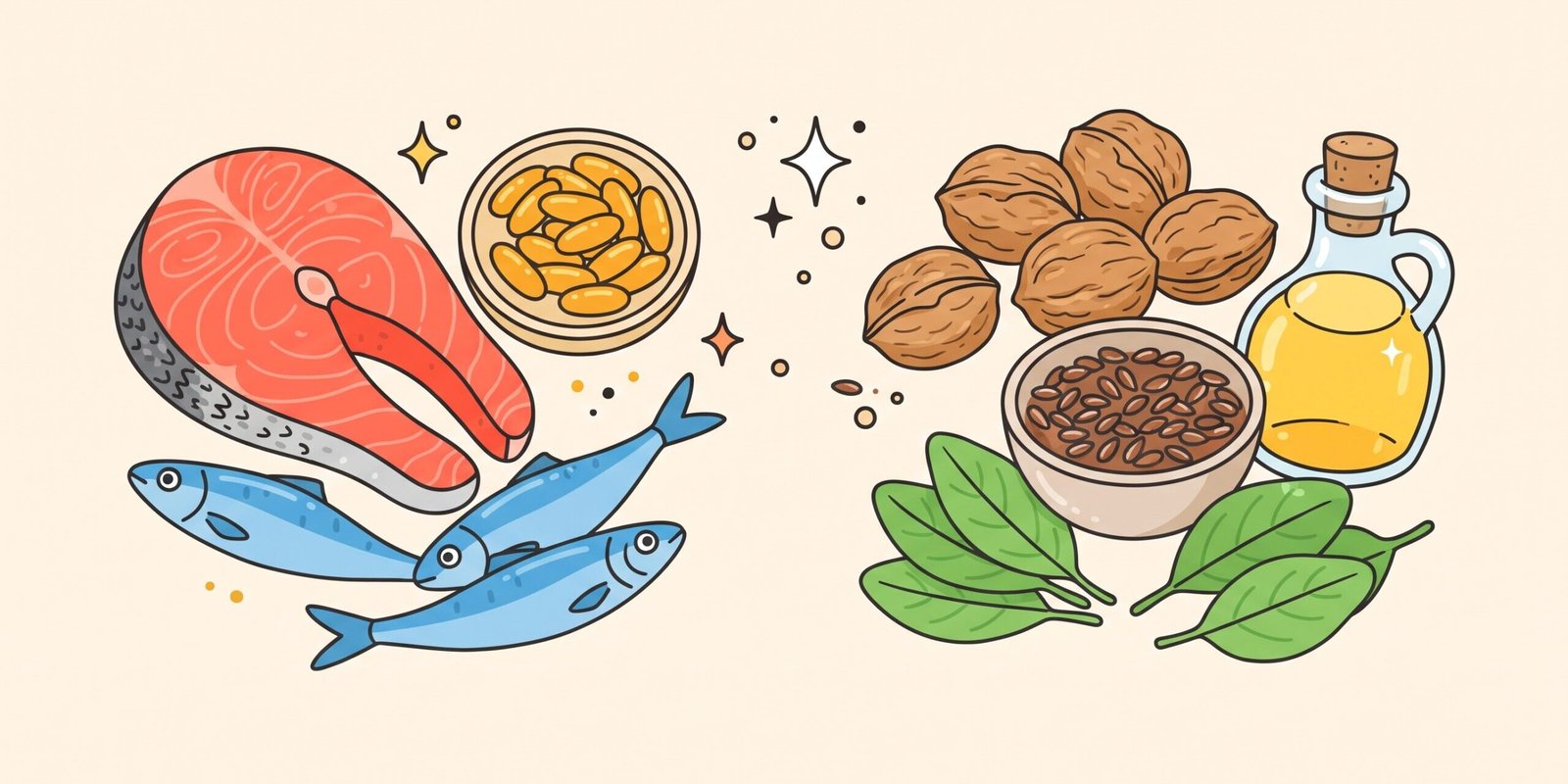 Omega-3-Lebensmittel – Illustration von Lachs, Walnüssen, Leinsamen und Algenöl-Kapseln als Omega-3-Quellen