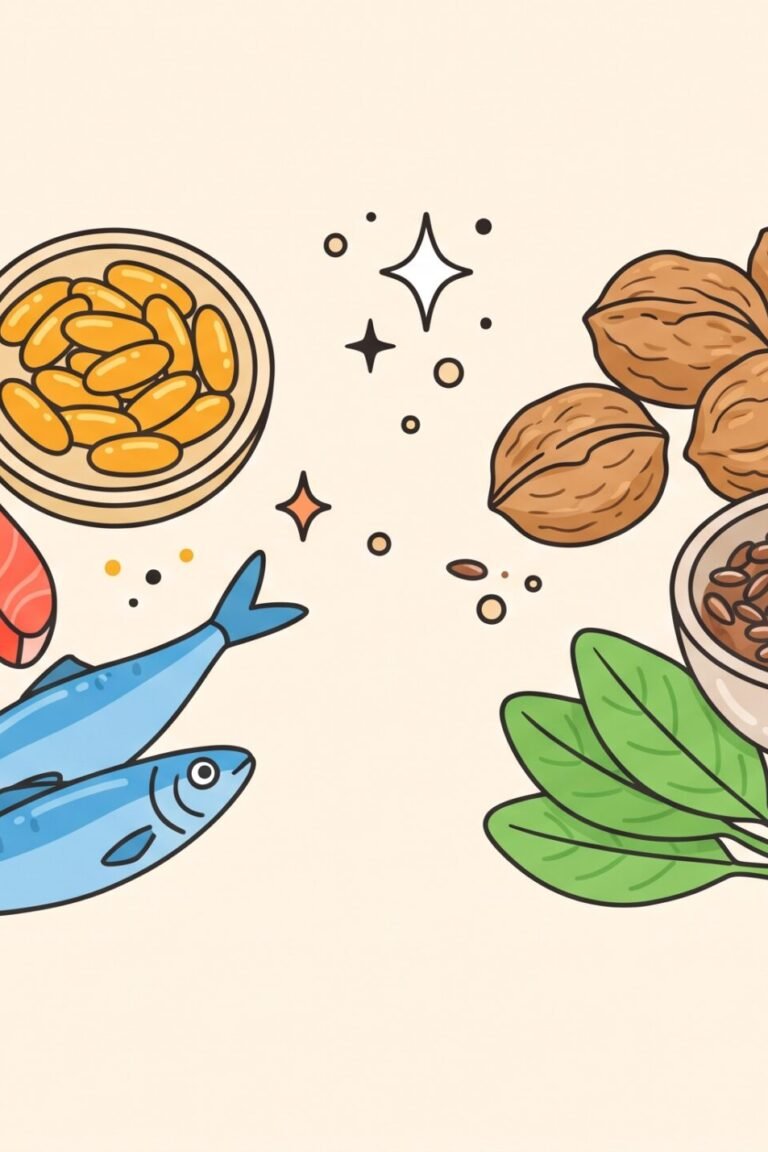 Omega-3-Lebensmittel – Illustration von Lachs, Walnüssen, Leinsamen und Algenöl-Kapseln als Omega-3-Quellen
