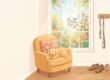 Roboterhund für Senioren: Golden-Retriever-Plüschhund im Sessel am Fenster, Illustration