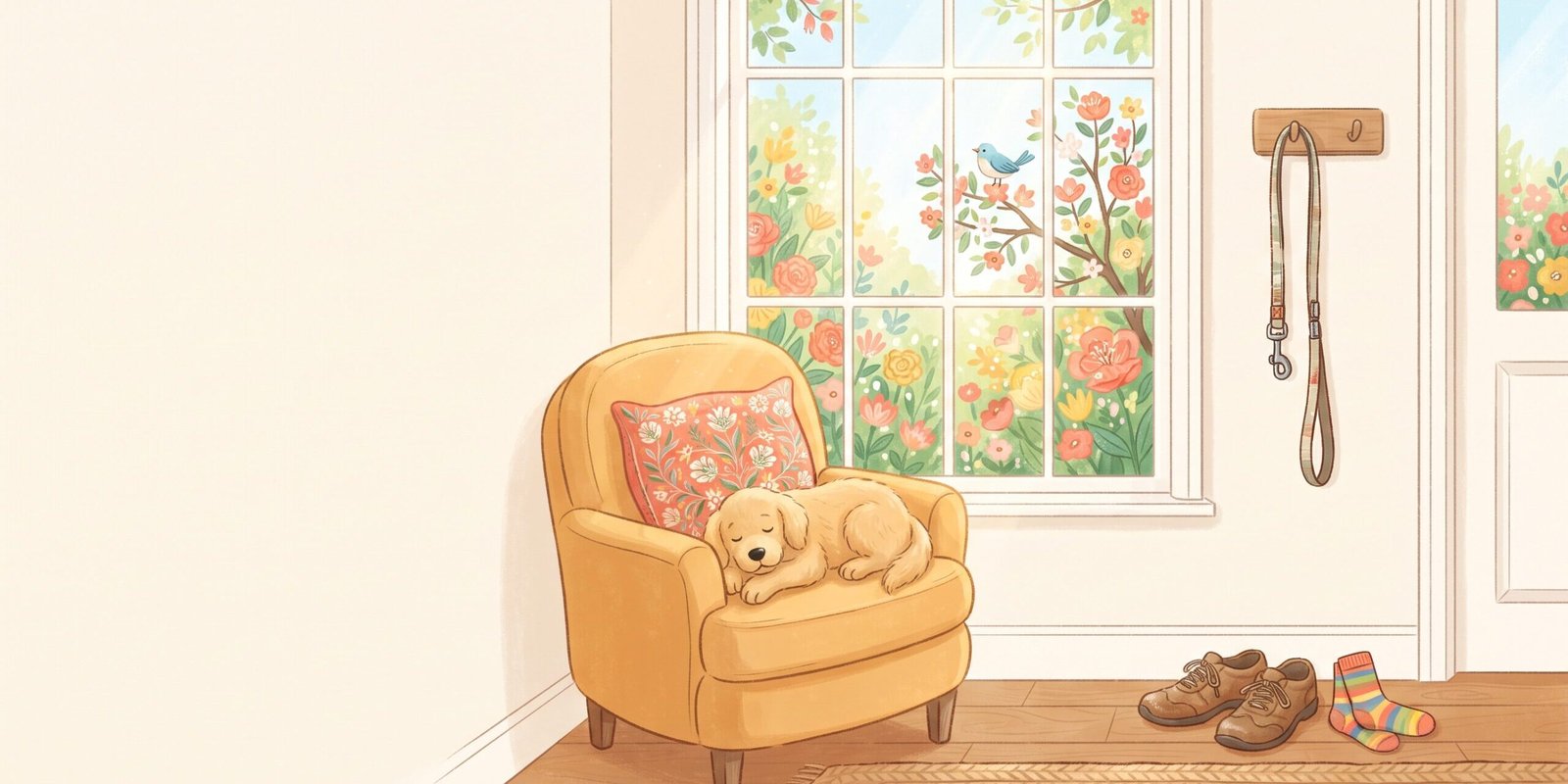 roboterhund-fuer-senioren-alternative.jpg Roboterhund für Senioren: Golden-Retriever-Plüschhund im Sessel am Fenster, Illustration