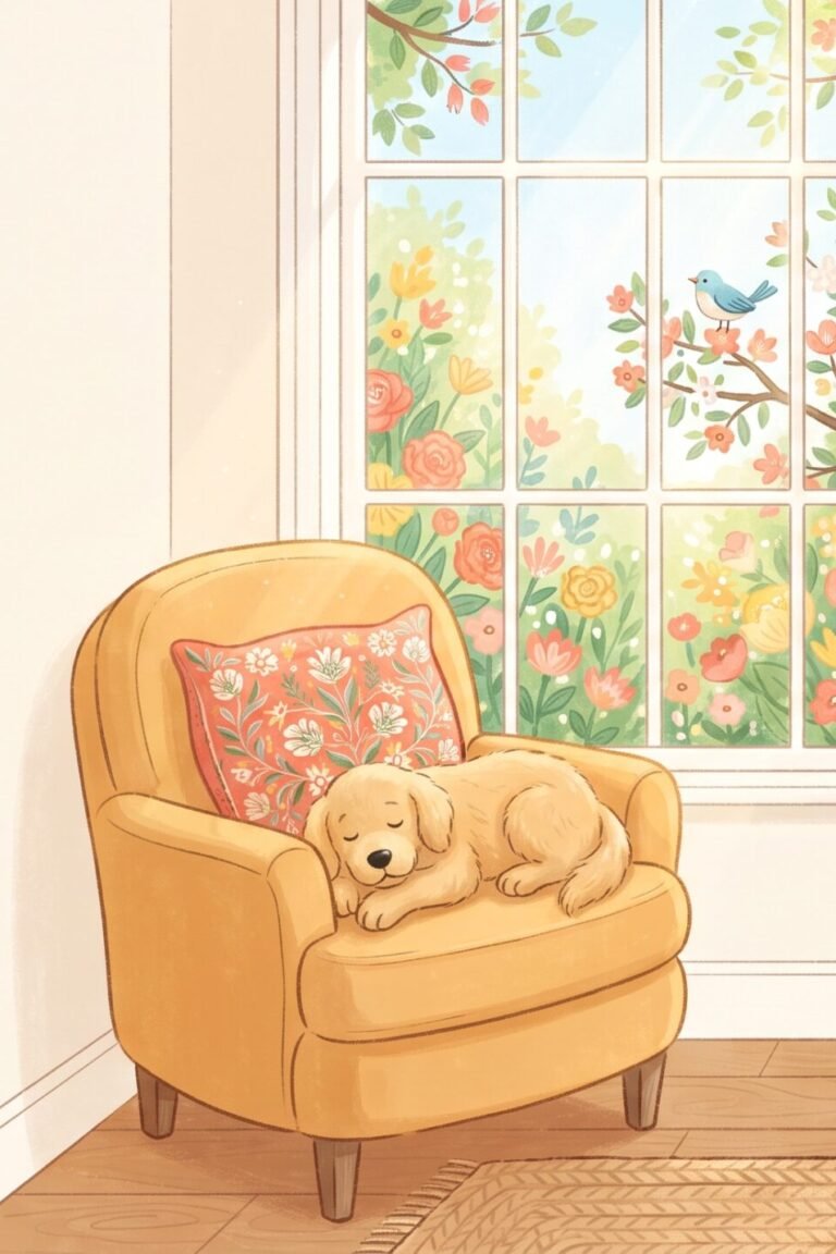 Roboterhund für Senioren: Golden-Retriever-Plüschhund im Sessel am Fenster, Illustration