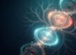 Symbolische Darstellung: biologisches Alter als zwei ineinandergreifende Zeitspiralen aus leuchtenden Stoffwechselpartikeln