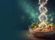 Diabetes vorbeugen durch Ernährung: DNA-Doppelhelix mit Markierungen über Gemüse, Vollkorn und Nüssen