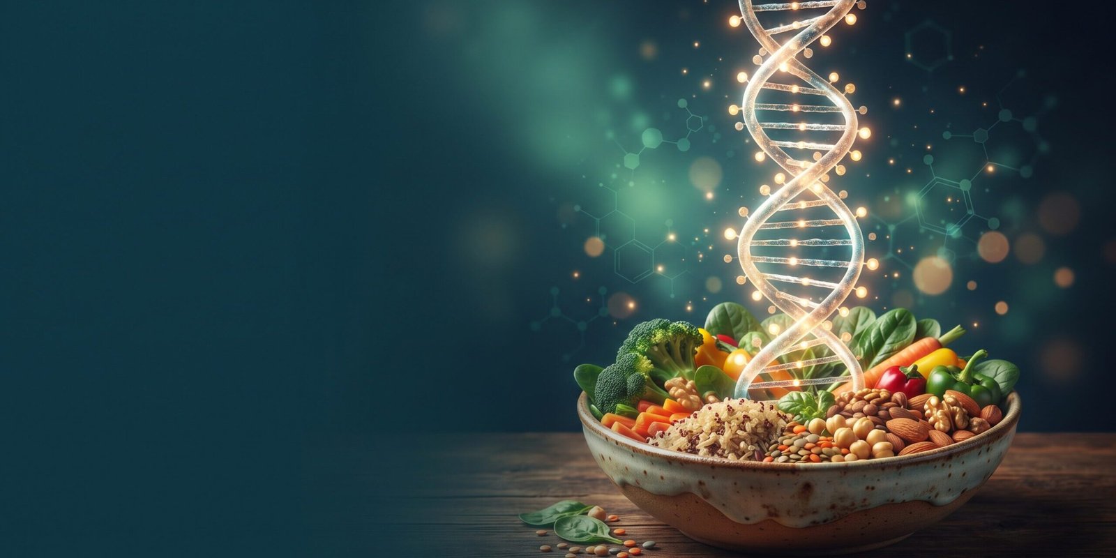 Diabetes vorbeugen durch Ernährung: DNA-Doppelhelix mit Markierungen über Gemüse, Vollkorn und Nüssen
