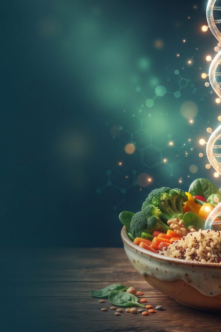 Diabetes vorbeugen durch Ernährung: DNA-Doppelhelix mit Markierungen über Gemüse, Vollkorn und Nüssen