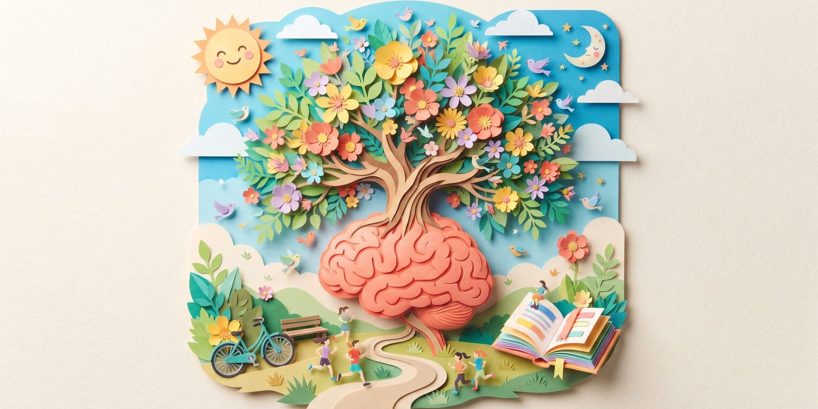 BDNF erhöhen: Papercut-Illustration eines Gehirns, aus dem ein blühender Baum mit Blüten, Vögeln und Joggern wächst
