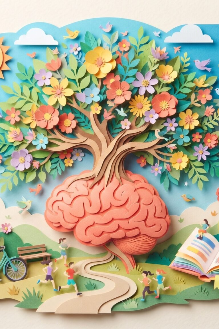 BDNF erhöhen: Papercut-Illustration eines Gehirns, aus dem ein blühender Baum mit Blüten, Vögeln und Joggern wächst