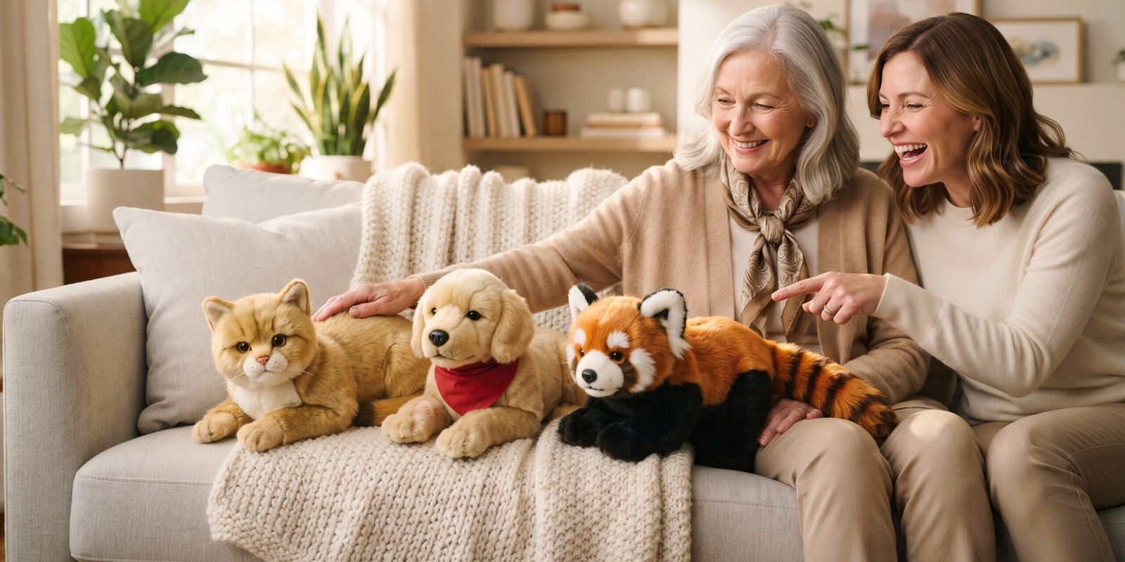 interaktives-kuscheltier-welches-passt-zu-wem.jpg Interaktives Kuscheltier: Roboterkatze, Roboterhund und atmender Roter Panda auf einem Sofa neben einer älteren Frau und ihrer Tochter