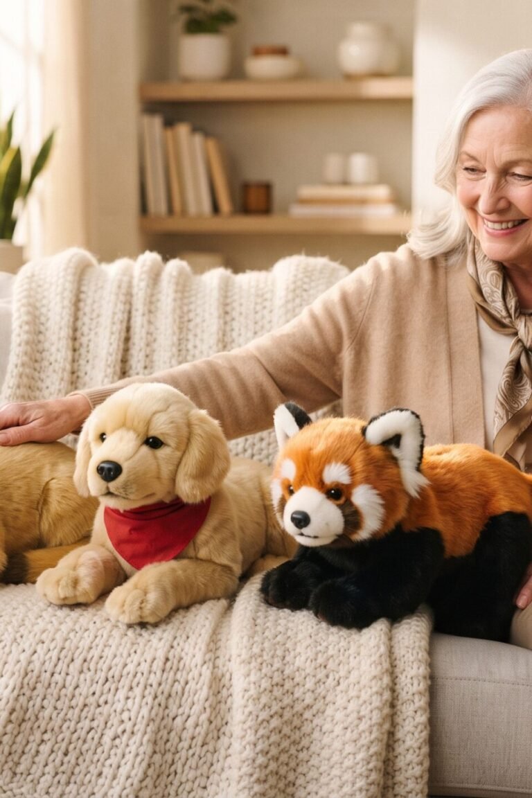 Interaktives Kuscheltier: Roboterkatze, Roboterhund und atmender Roter Panda auf einem Sofa neben einer älteren Frau und ihrer Tochter