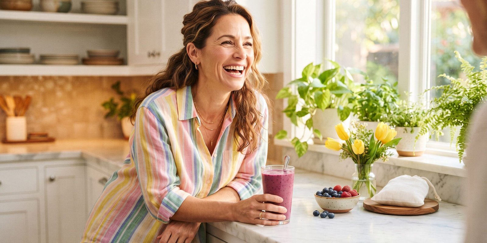 AVEA MindSpan Test: lachende Frau am sonnigen Küchentresen mit einem Glas violettem Beeren-Drink und frischen Heidelbeeren