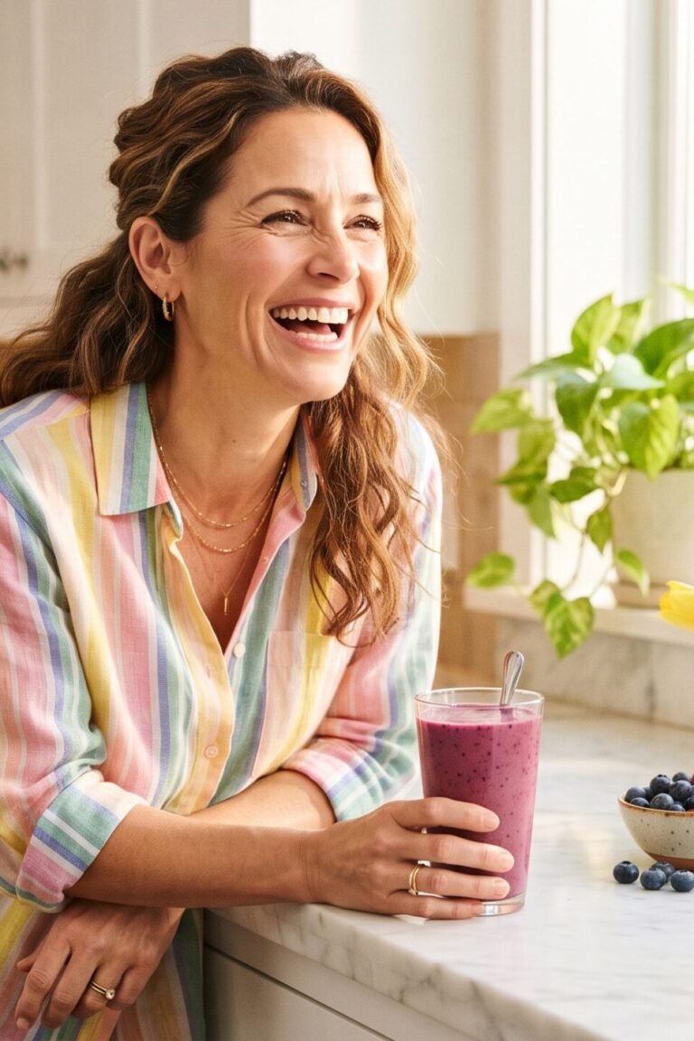 AVEA MindSpan Test: lachende Frau am sonnigen Küchentresen mit einem Glas violettem Beeren-Drink und frischen Heidelbeeren