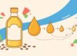 Leinöl und Omega 3 – Illustration einer Leinöl-Flasche mit kleiner werdenden Tropfen als Symbol für die geringe ALA-Umwandlung
