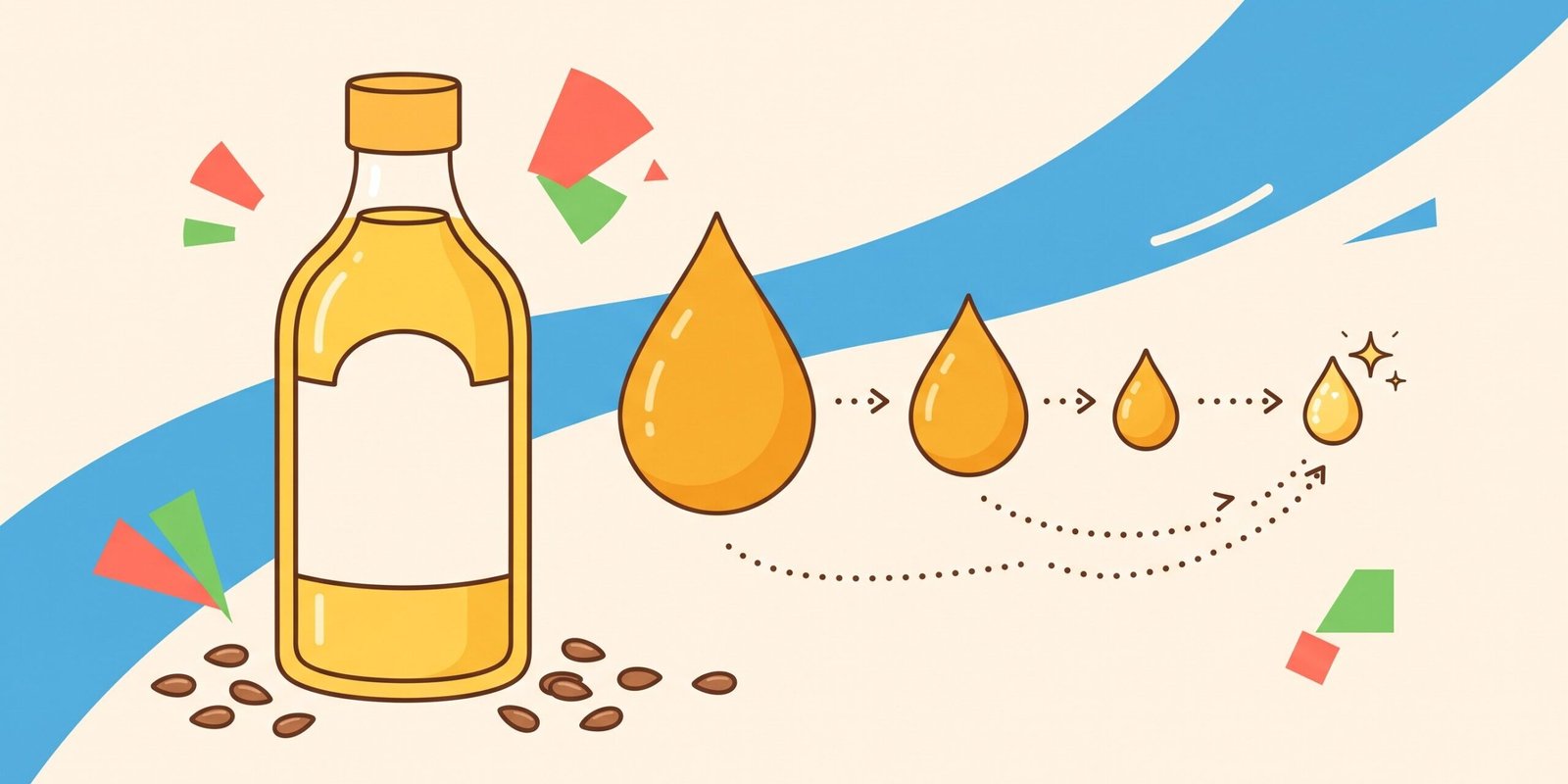 leinoel-omega-3-ala-umwandlung.webp Leinöl und Omega 3 – Illustration einer Leinöl-Flasche mit kleiner werdenden Tropfen als Symbol für die geringe ALA-Umwandlung