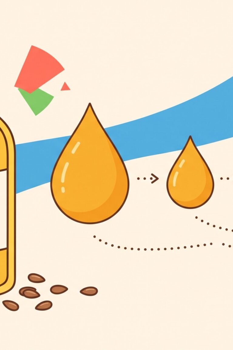 Leinöl und Omega 3 – Illustration einer Leinöl-Flasche mit kleiner werdenden Tropfen als Symbol für die geringe ALA-Umwandlung