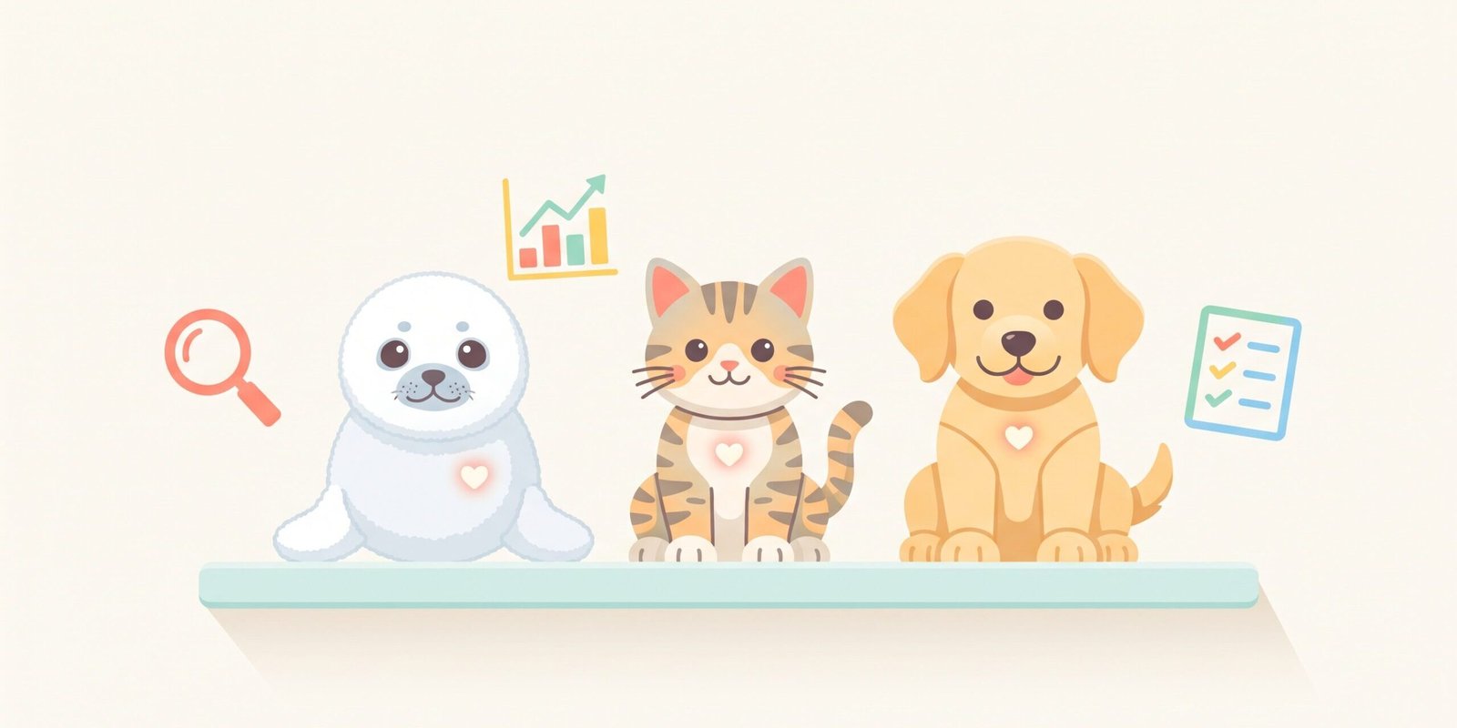 robotertiere-demenz-studien-paro.jpg Robotertiere bei Demenz: Robbe, Katze und Hund als Illustration mit Forschungssymbolen