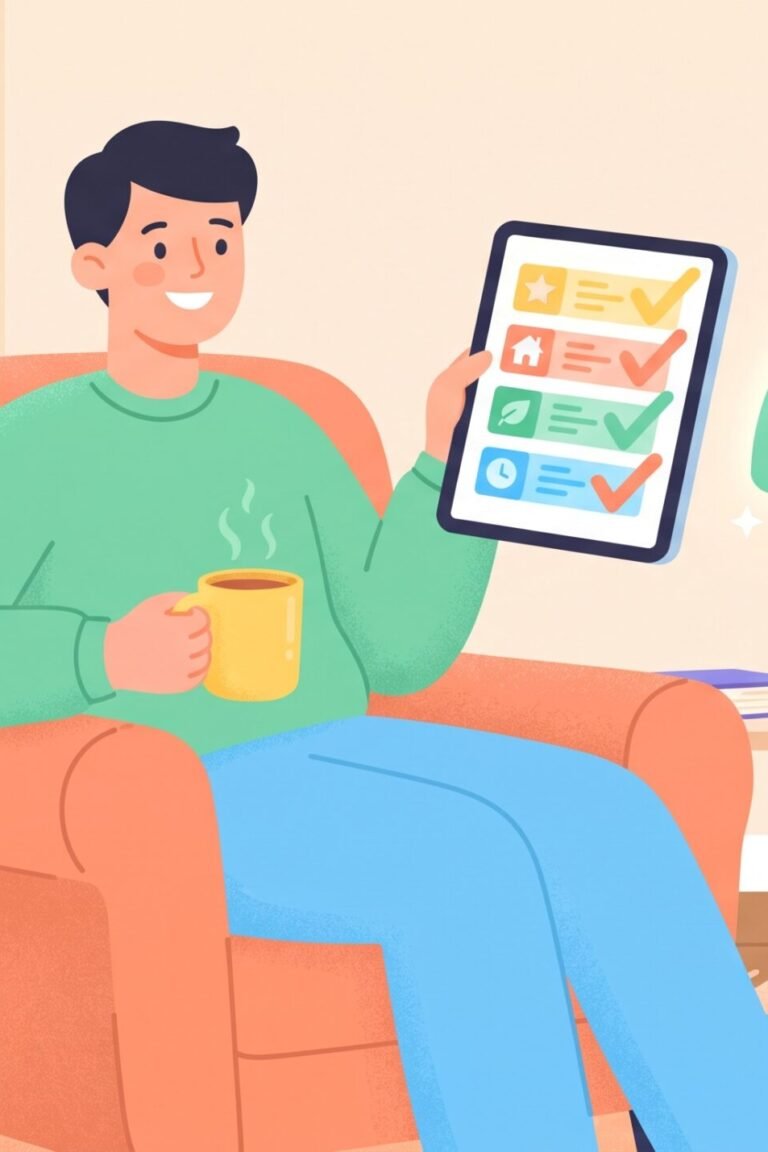 Symbolbild soziale Phobie Test: Person füllt entspannt einen bunten Selbsttest auf dem Tablet aus