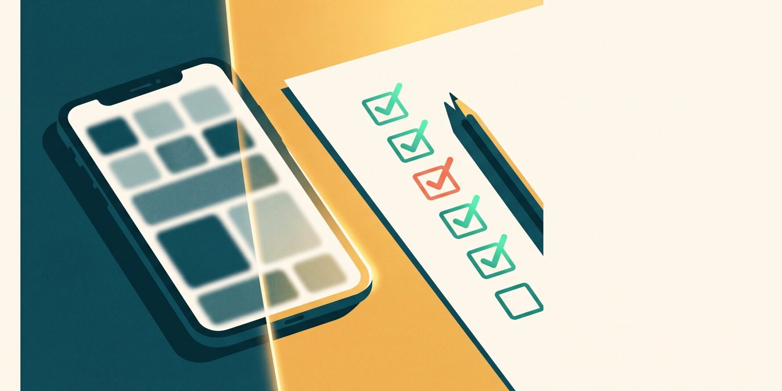 demenz-test-online-handy-vs-checkliste.png Demenz-Test online: Ein verschwommenes Smartphone-Quiz im Schatten neben einer klaren, sonnenbeschienenen Checkliste