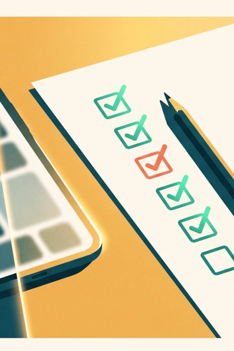 Demenz-Test online: Ein verschwommenes Smartphone-Quiz im Schatten neben einer klaren, sonnenbeschienenen Checkliste