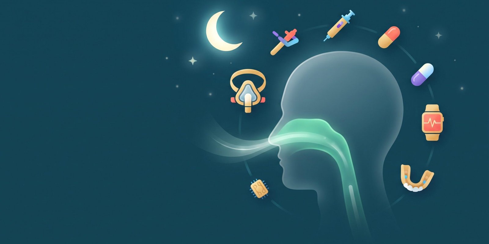 schlafapnoe-behandlung-neue-studien-2026.jpg Symbolbild zur Schlafapnoe Behandlung: leuchtender Atemweg vor Nachthimmel mit CPAP-Maske, Spritze, Tablette und Smartwatch