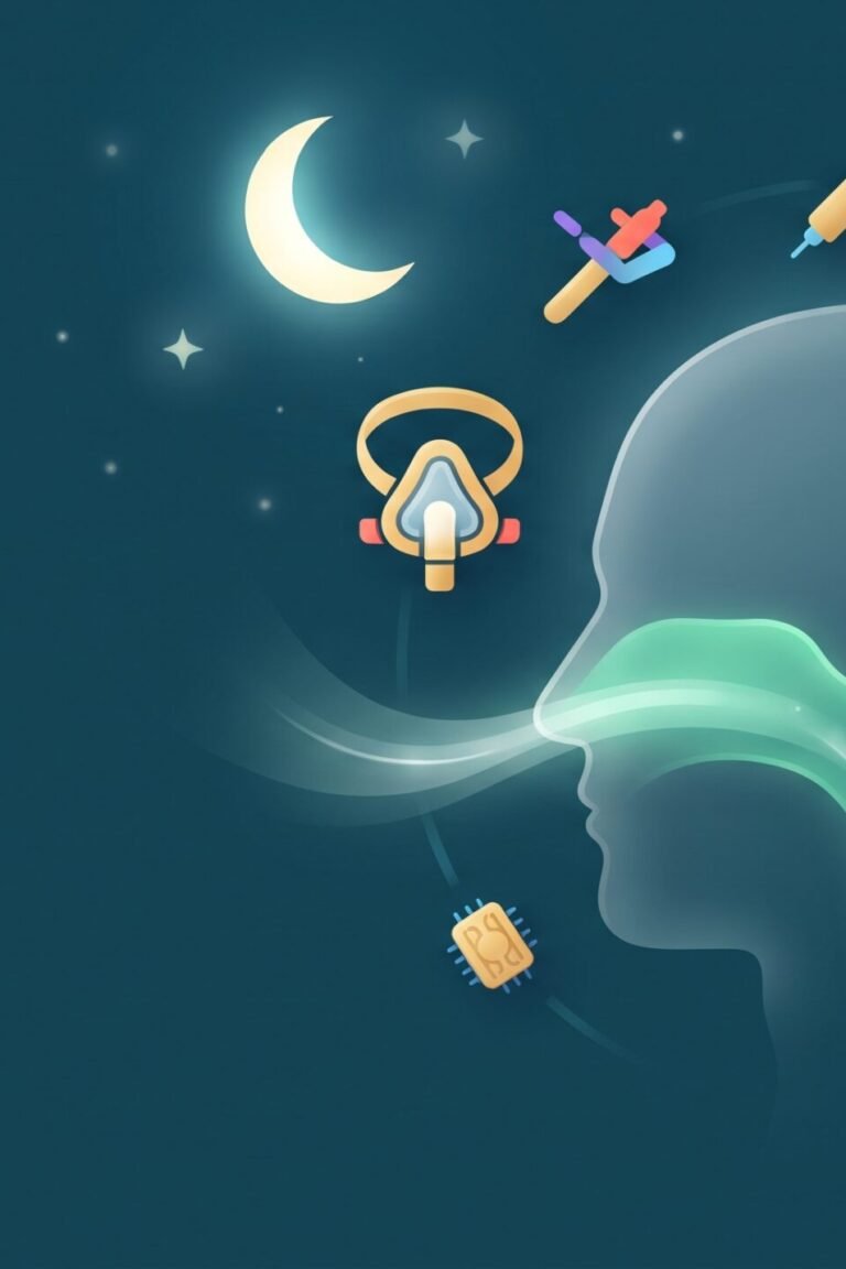 Symbolbild zur Schlafapnoe Behandlung: leuchtender Atemweg vor Nachthimmel mit CPAP-Maske, Spritze, Tablette und Smartwatch