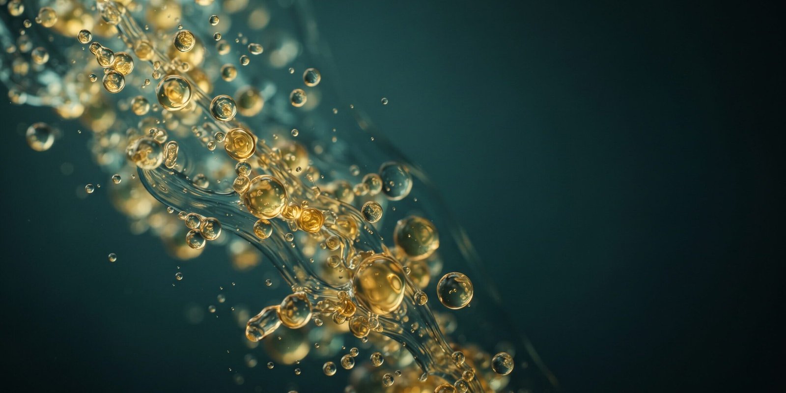 triglyceride-zu-hoch-werte-ursachen.jpg Goldene Fetttröpfchen in klarer Flüssigkeit — Symbolbild zu erhöhten Triglyceriden im Blut
