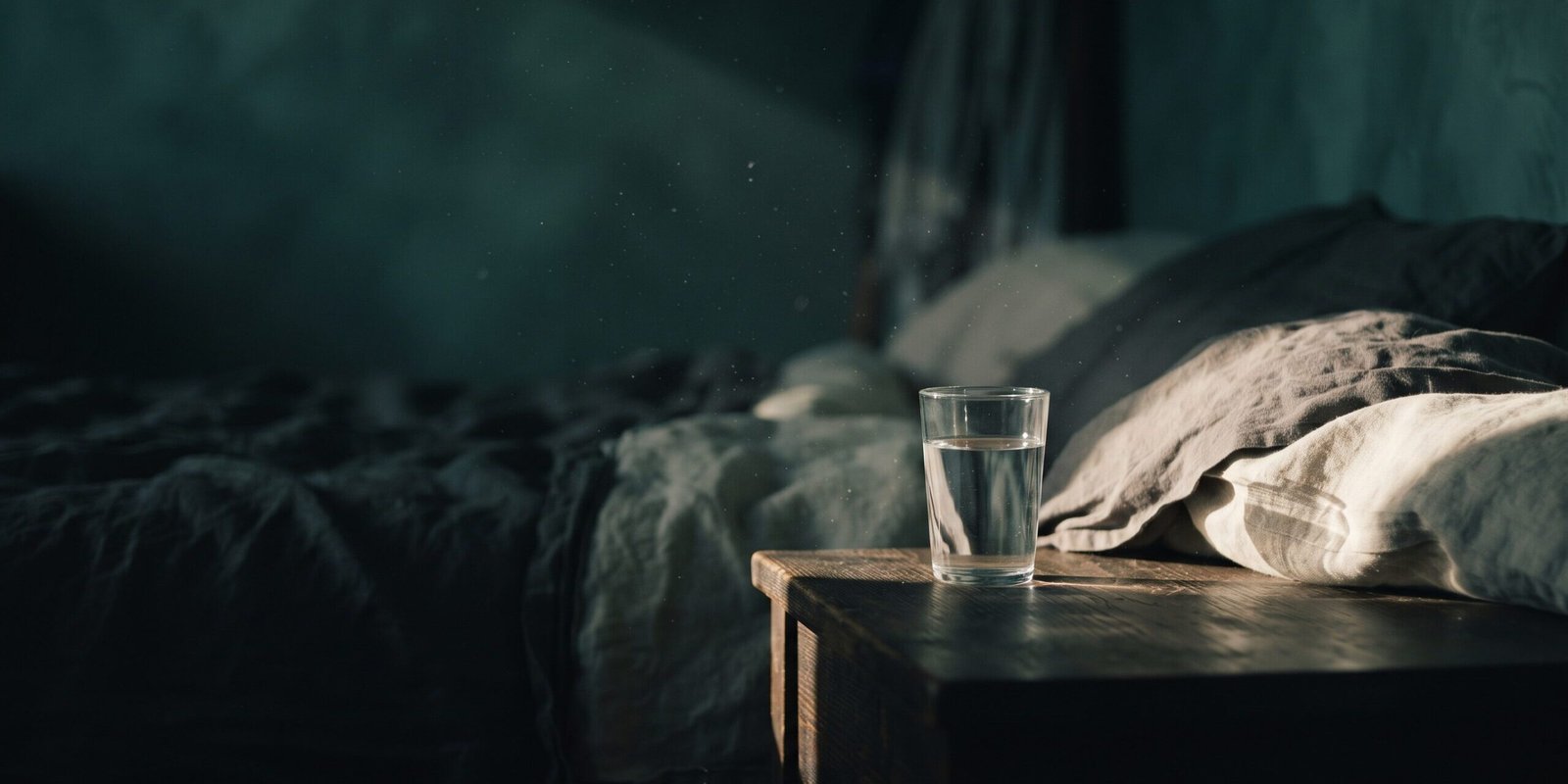 Morgenlicht auf zerknittertem Leinen und einem unberührten Wasserglas — Symbolbild zu ständiger Müdigkeit trotz ausreichend Schlaf