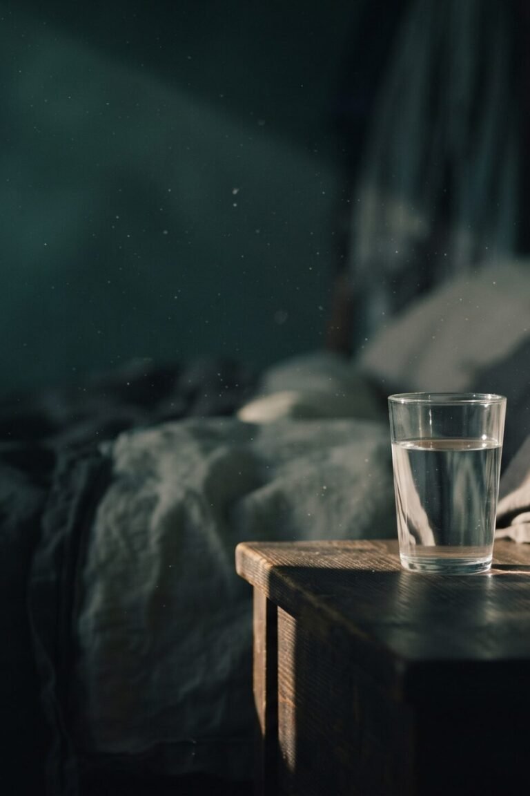 Morgenlicht auf zerknittertem Leinen und einem unberührten Wasserglas — Symbolbild zu ständiger Müdigkeit trotz ausreichend Schlaf