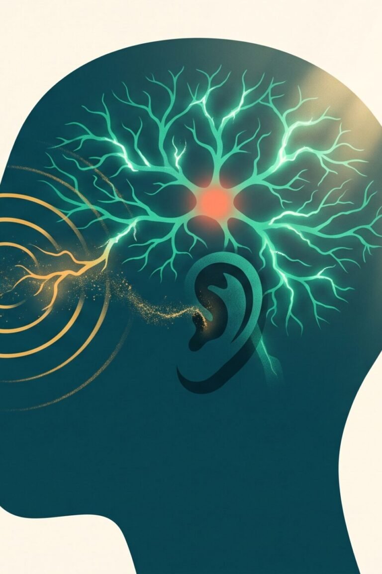 Schwerhörigkeit und Demenz: Goldene Schallwellen treffen ein Ohr und entzünden im Kopf ein leuchtendes Jade-Netzwerk