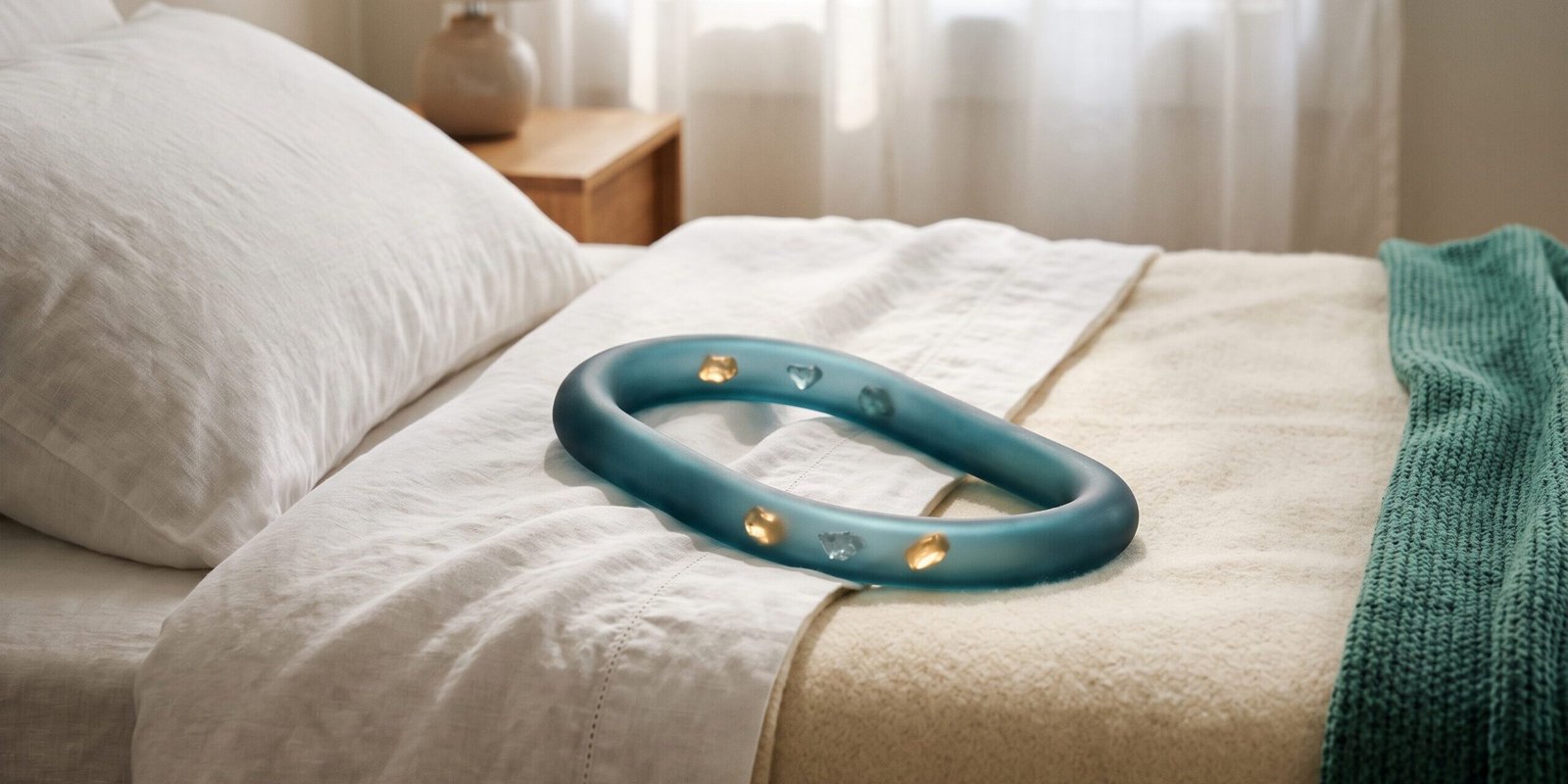 lagerungsschwindel-uebungen-epley-manoever-kristalle.webp Lagerungsschwindel Übungen: Gebogene Glasröhre mit Kristallen auf einem Bett symbolisiert gelöste Ohrsteinchen im Bogengang und die Behandlung mit dem Epley-Manöver