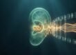 Symbolbild Tinnitus Studien: leuchtendes Ohr, dessen chaotische Schallwellen sich in ruhige Lichtbänder verwandeln