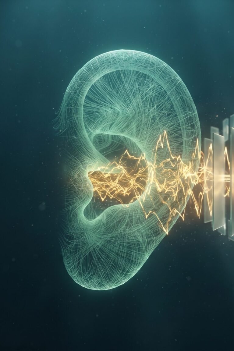 Symbolbild Tinnitus Studien: leuchtendes Ohr, dessen chaotische Schallwellen sich in ruhige Lichtbänder verwandeln