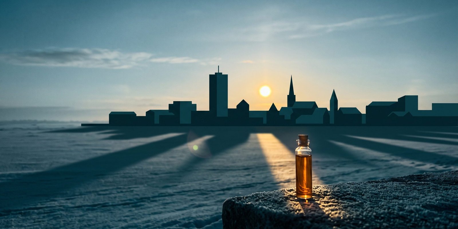 vitamin-d-mangel-symptome-test.jpg Vitamin-D-Mangel — tiefstehende Wintersonne über einer Stadtsilhouette mit Laborröhrchen im Gegenlicht