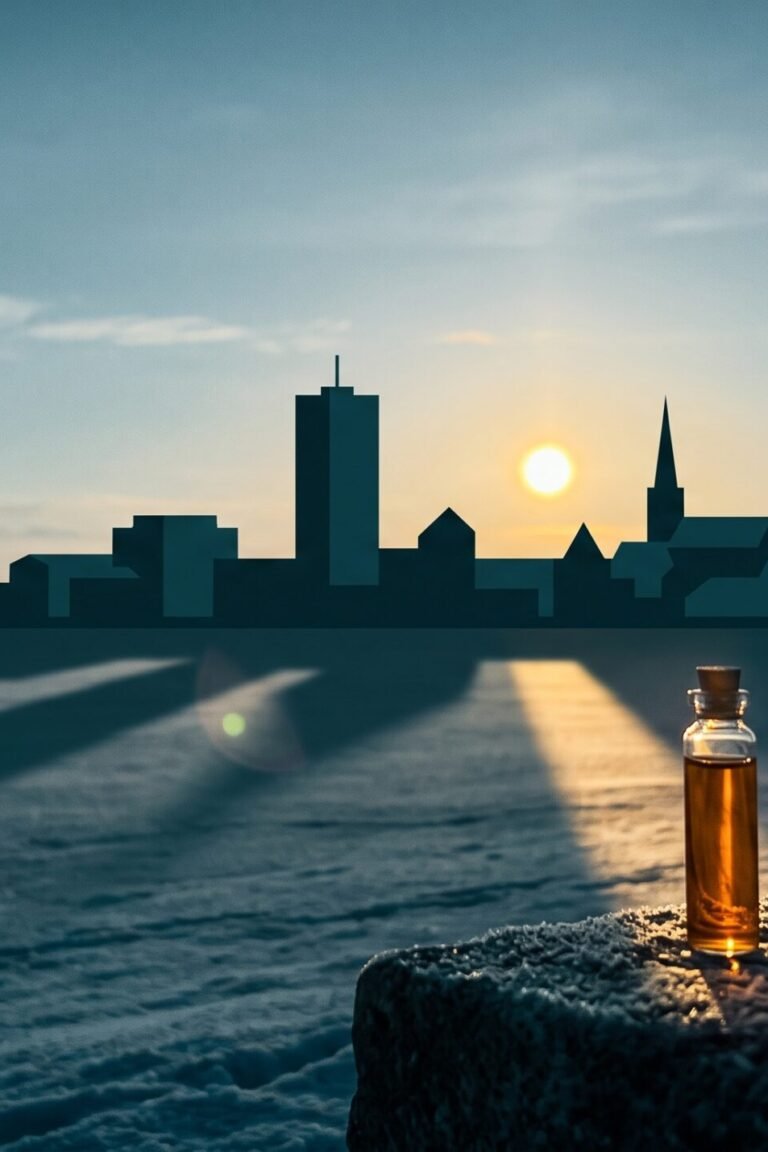 Vitamin-D-Mangel — tiefstehende Wintersonne über einer Stadtsilhouette mit Laborröhrchen im Gegenlicht