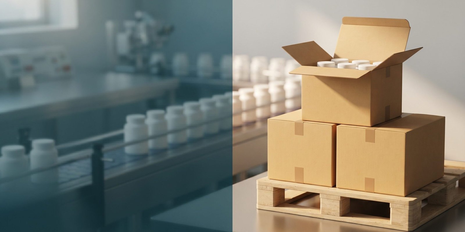 lohnhersteller-nahrungsergaenzungsmittel-handelsware.jpg Links eine unscharfe Produktionslinie, rechts gestapelte Versandkartons mit fertigen Produktdosen