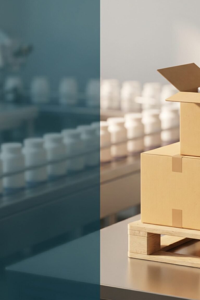 Links eine unscharfe Produktionslinie, rechts gestapelte Versandkartons mit fertigen Produktdosen