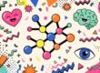 Taurin Wirkung: bunte Pop-Art-Collage mit Molekülmodell, Herz, Gehirn und Auge im Memphis-Stil