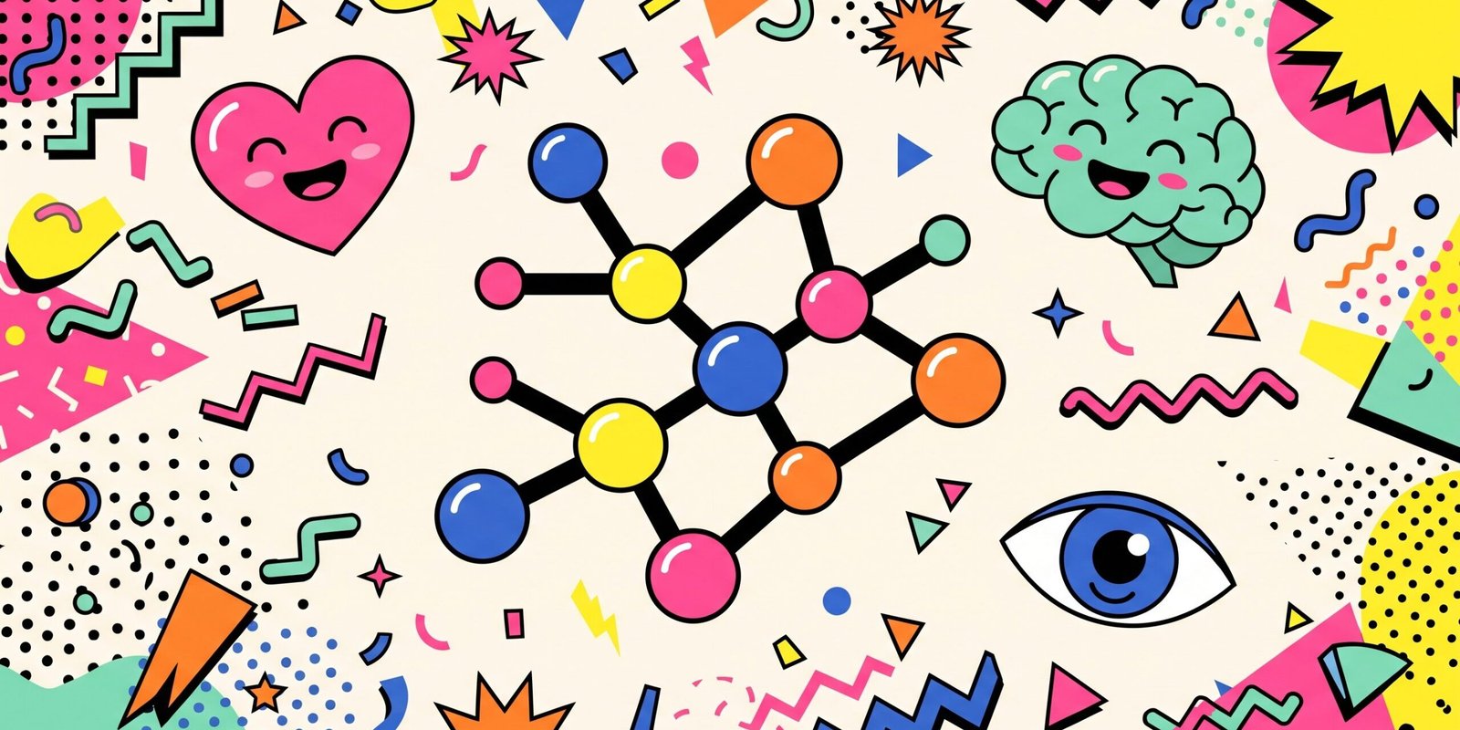 Taurin Wirkung: bunte Pop-Art-Collage mit Molekülmodell, Herz, Gehirn und Auge im Memphis-Stil