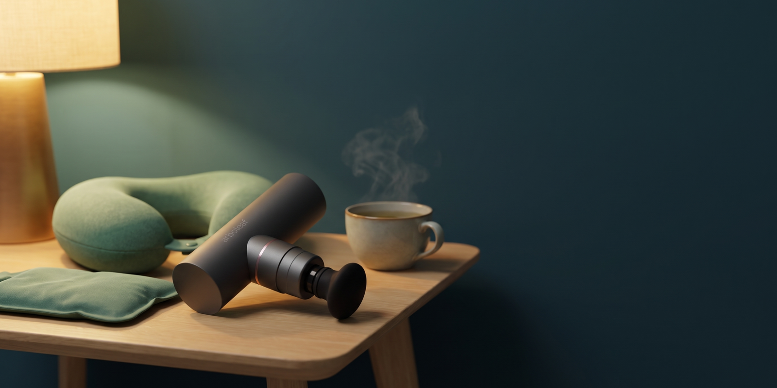 Massagepistole für den Nacken neben Nackenkissen, Wärmekissen und einer Tasse Tee auf einem Beistelltisch