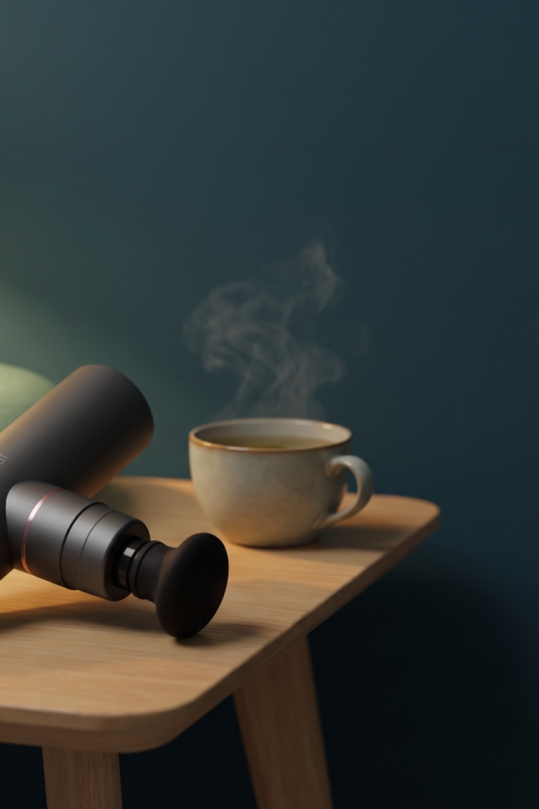 Massagepistole für den Nacken neben Nackenkissen, Wärmekissen und einer Tasse Tee auf einem Beistelltisch